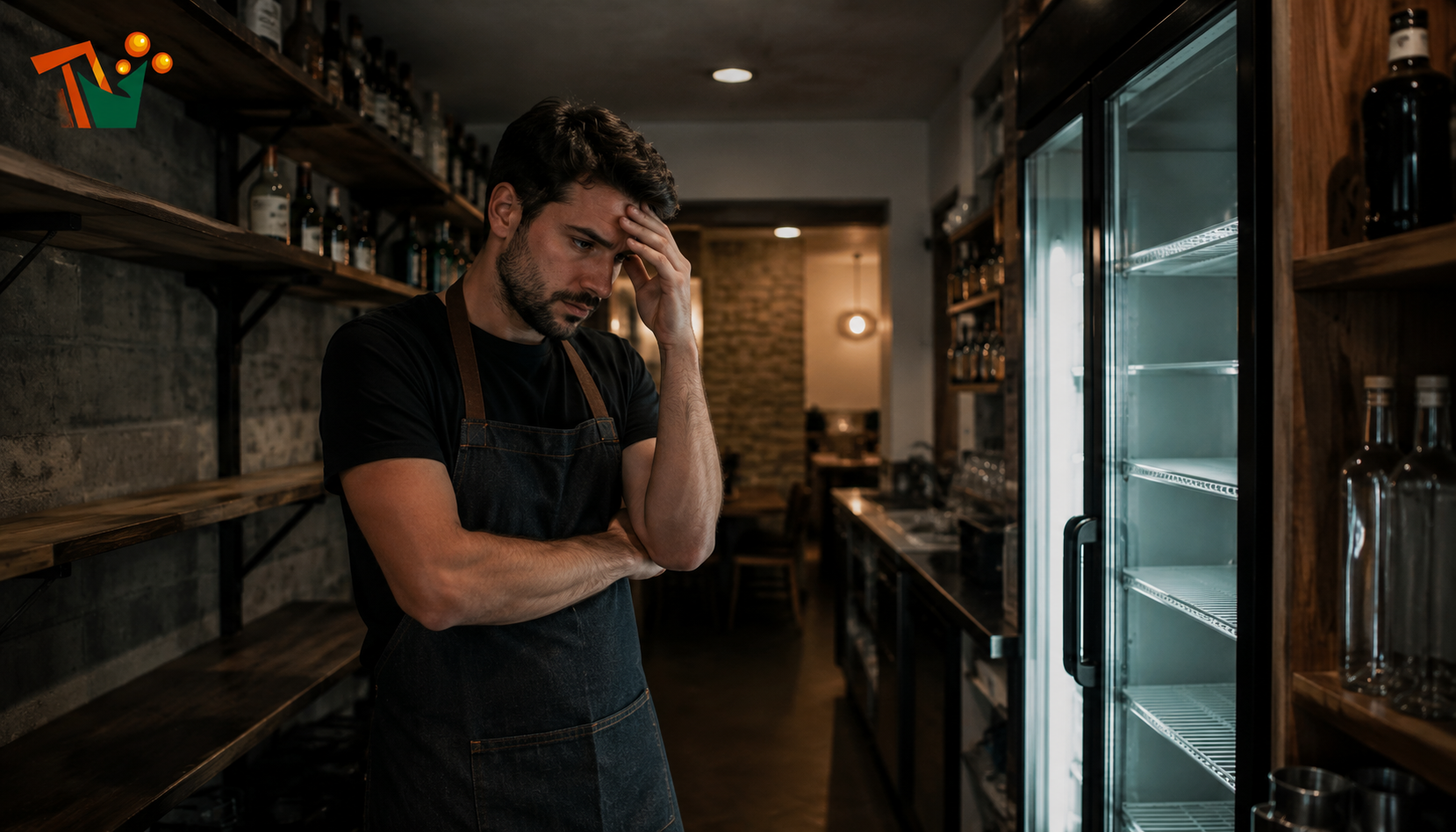 Gestore di bar preoccupato davanti al frigo vuoto — costo del fornitore sbagliato HORECA Roma