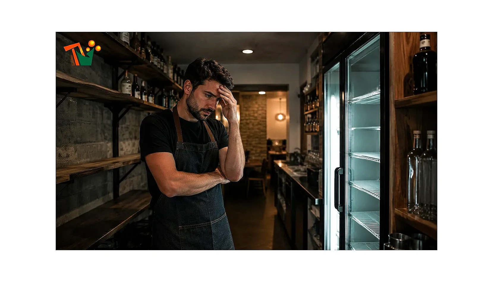 Gestore di bar preoccupato davanti al frigo vuoto — costo del fornitore sbagliato HORECA Roma