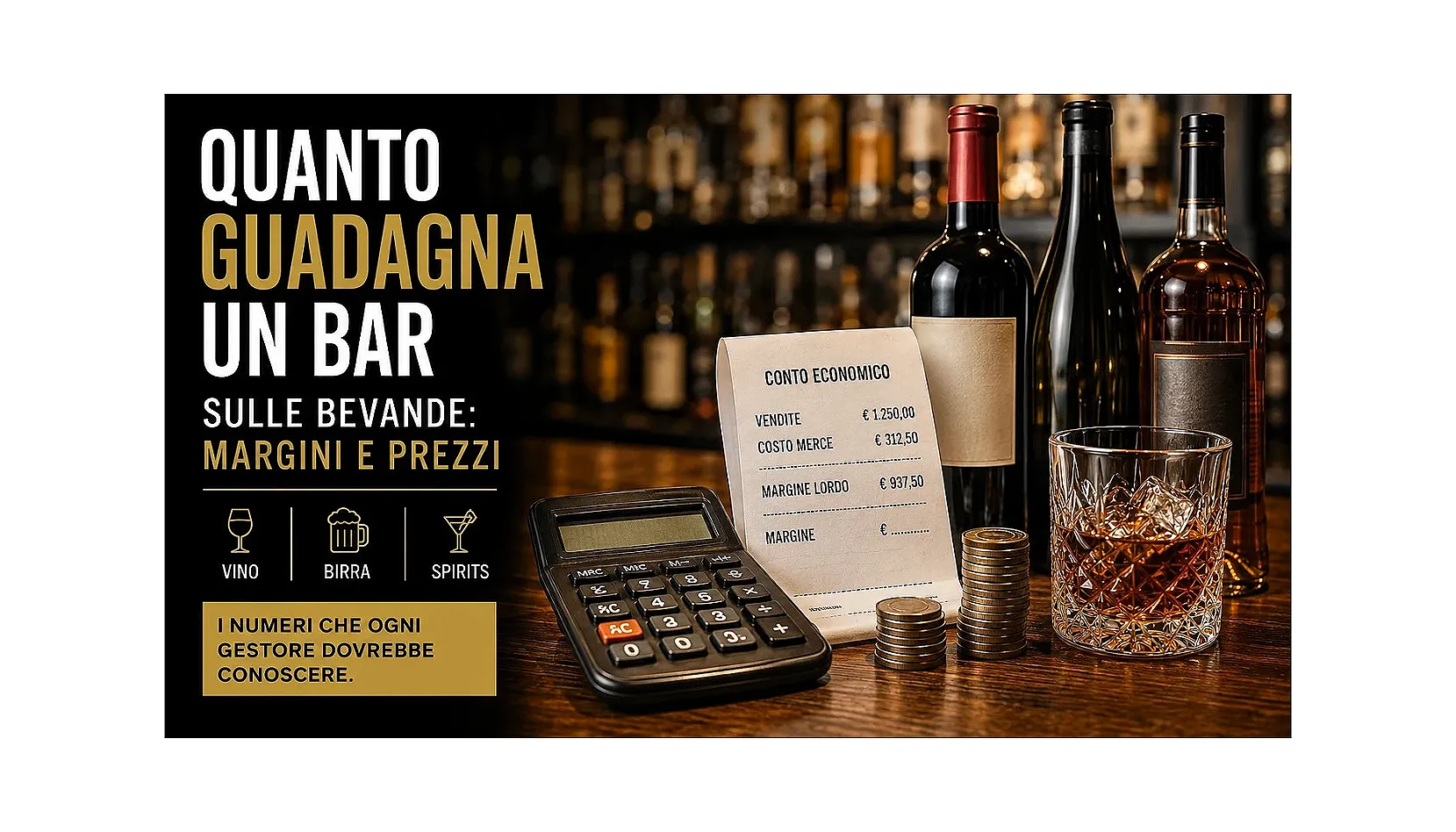 Calcolatrice e conto economico su bancone bar — margini e prezzi bevande