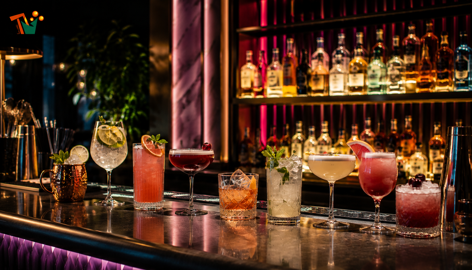 Cocktail colorati su bancone bar notturno — tendenze beverage HORECA 2026 Roma