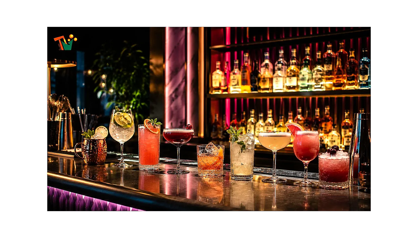 Cocktail colorati su bancone bar notturno — tendenze beverage HORECA 2026 Roma
