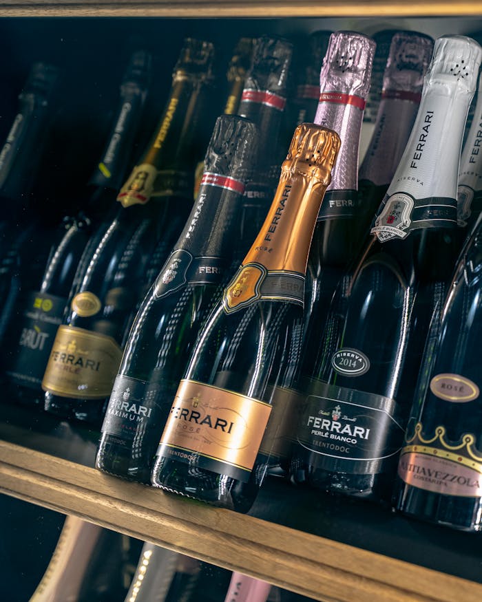 A variety of sparkling wine bottles artistically displayed, perfect for celebrations.