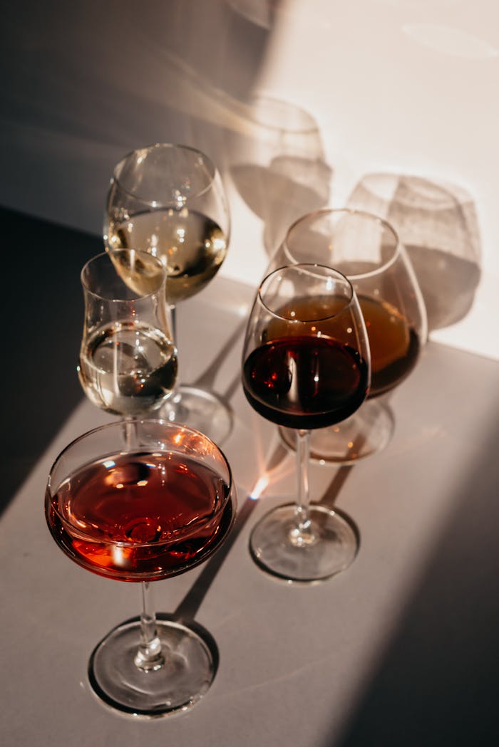 A stylish selection of wine glasses casting artistic shadows in a minimalist setting.