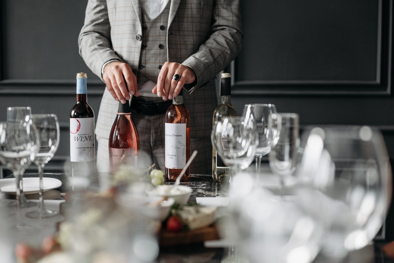Intimate wine tasting setup with bottles and glasses, perfect for an elegant dining experience.
